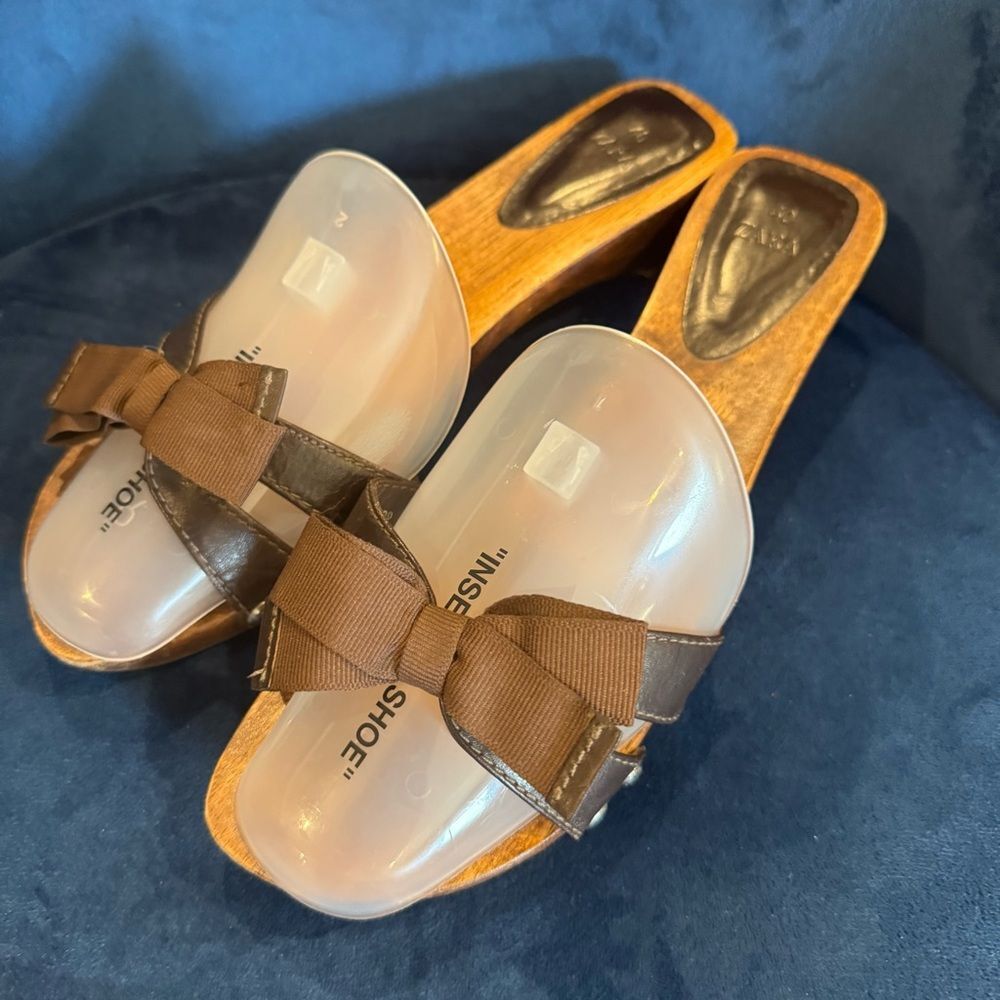 Zara Brown Leather Slide Sandals With Wood Sole & Bow Detail / Size 40